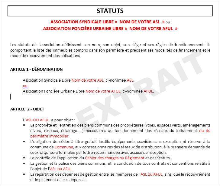 Modle de statuts ASL/AFUL conformit ordonnance de 2004